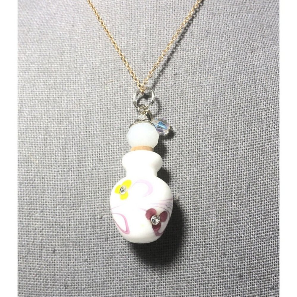 Lampwork Glass Jar Necklace. Gold Tone 18” Chain White Charm, Crystal Flowers